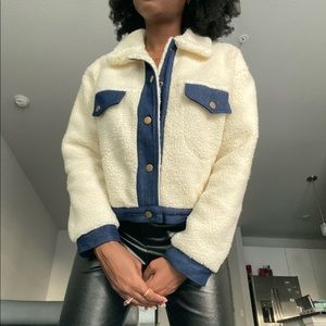 Contrast Tape Panel Flap Detail Button Front Shearling Denim Jacket